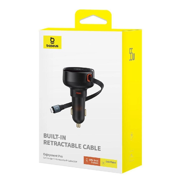 Baseus Enjoyment Pro Car Charger USB-C Port with Built-in Retractable Lightning Cable ,  - Hover