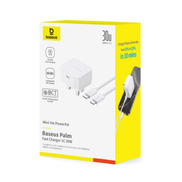 Baseus Palm 30W PD Type-C Fast Charging Wall Charger - UK Plug with Ultra Fast Charging Type-C to Type-C Data Cable 1M ,  - Hover