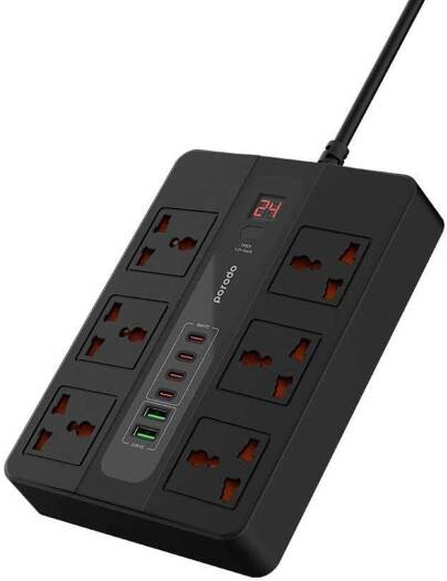 Porodo 6 Socket Power Extension Cord – 6 AC Outlets, 4 USB-C PD (36W), 2 USB-A (24W), 3M Cable (UK Plug, Black) ,  - Hover
