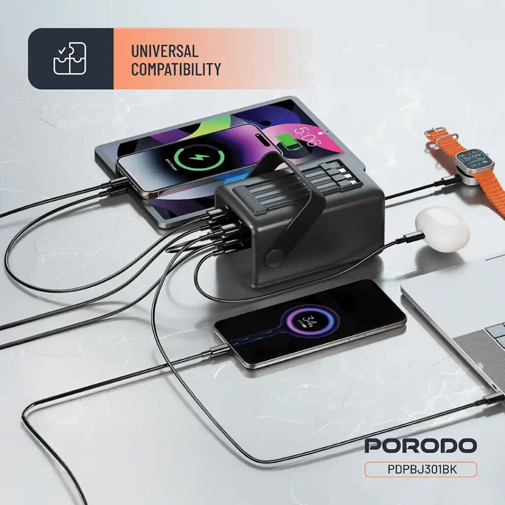 Porodo Lara 80000mAh Power Bank – 20W PD Fast Charging, Built-in Cables, Flashlight & Handle (Black) ,  - Hover