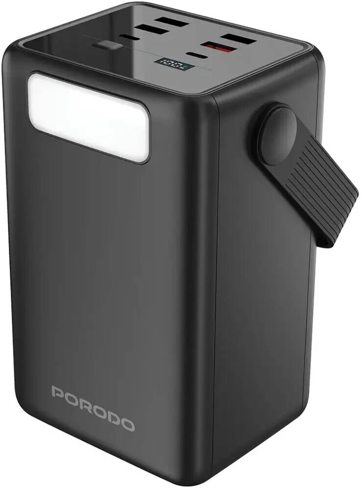 Porodo Lara 80000mAh Power Bank – 20W PD Fast Charging, Built-in Cables, Flashlight & Handle (Black) , 