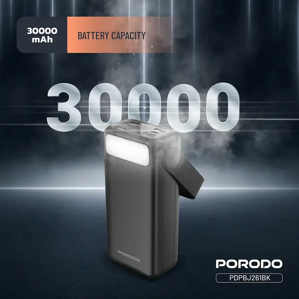 Porodo Lara 30000mAh Power Bank – Built-in Cables, Flashlight, Portable Design (Black) ,  - Hover