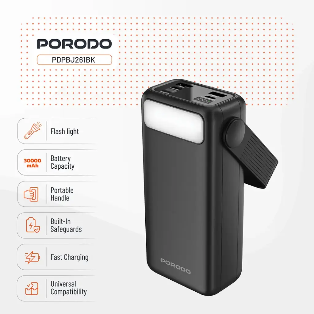 Porodo Lara 30000mAh Power Bank – Built-in Cables, Flashlight, Portable Design (Black) , 