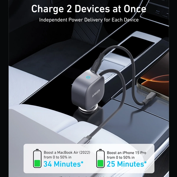 Anker Nano Car Charger with Built-in Retractable USB-C Cable A2838HA1 , Gray - Hover