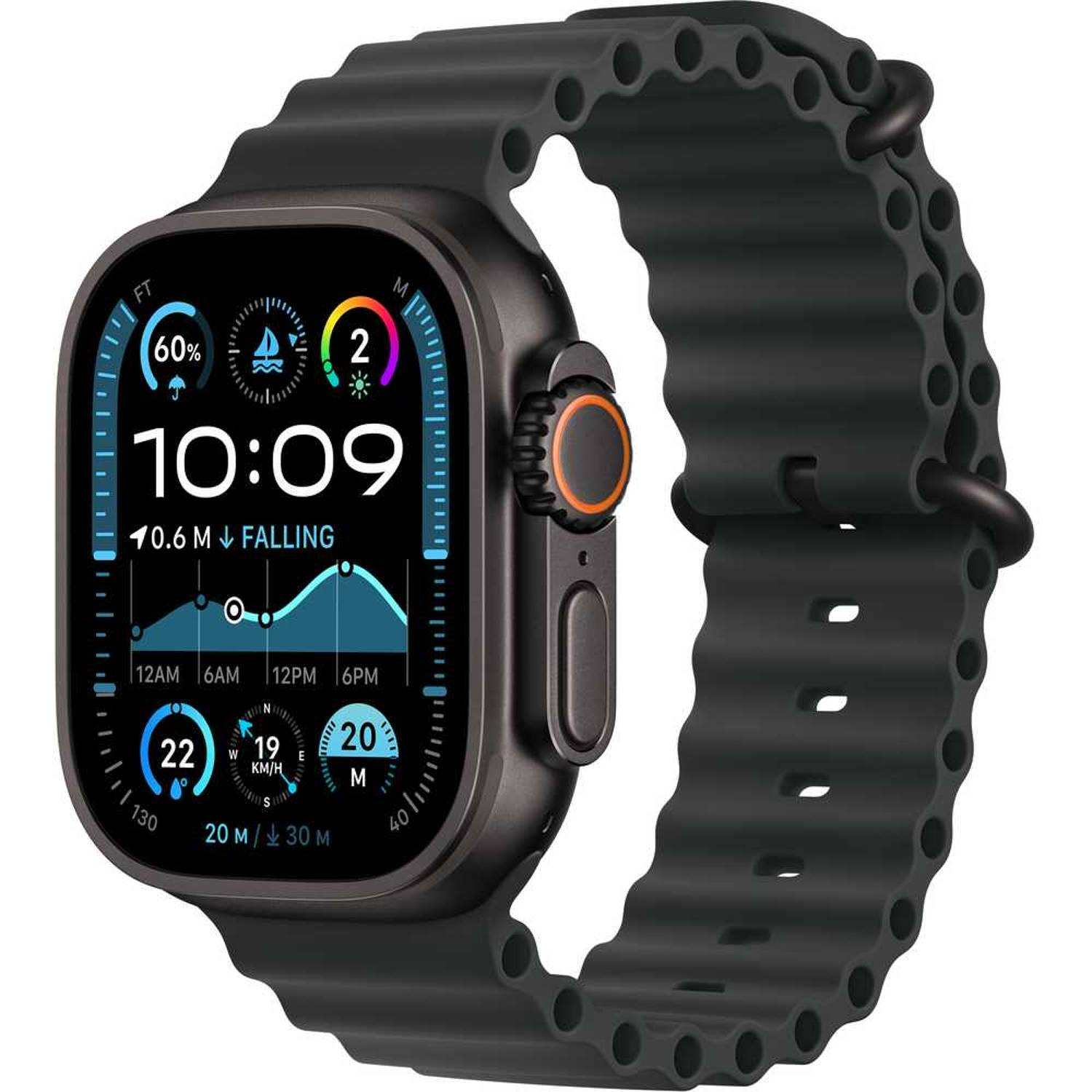 Apple Watch Ultra 2 GPS + Cellular 49mm Black Titanium Case with Black Ocean Band , Black , 49mm , Titanium , Black Ocean Band , M/L