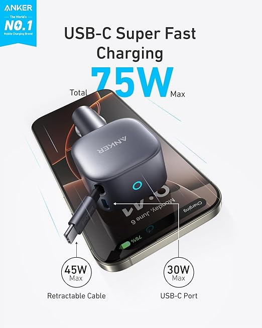 Anker 75W USB-C Car Charger With Built-In Retractable Usb-C Cable , Gray - Hover